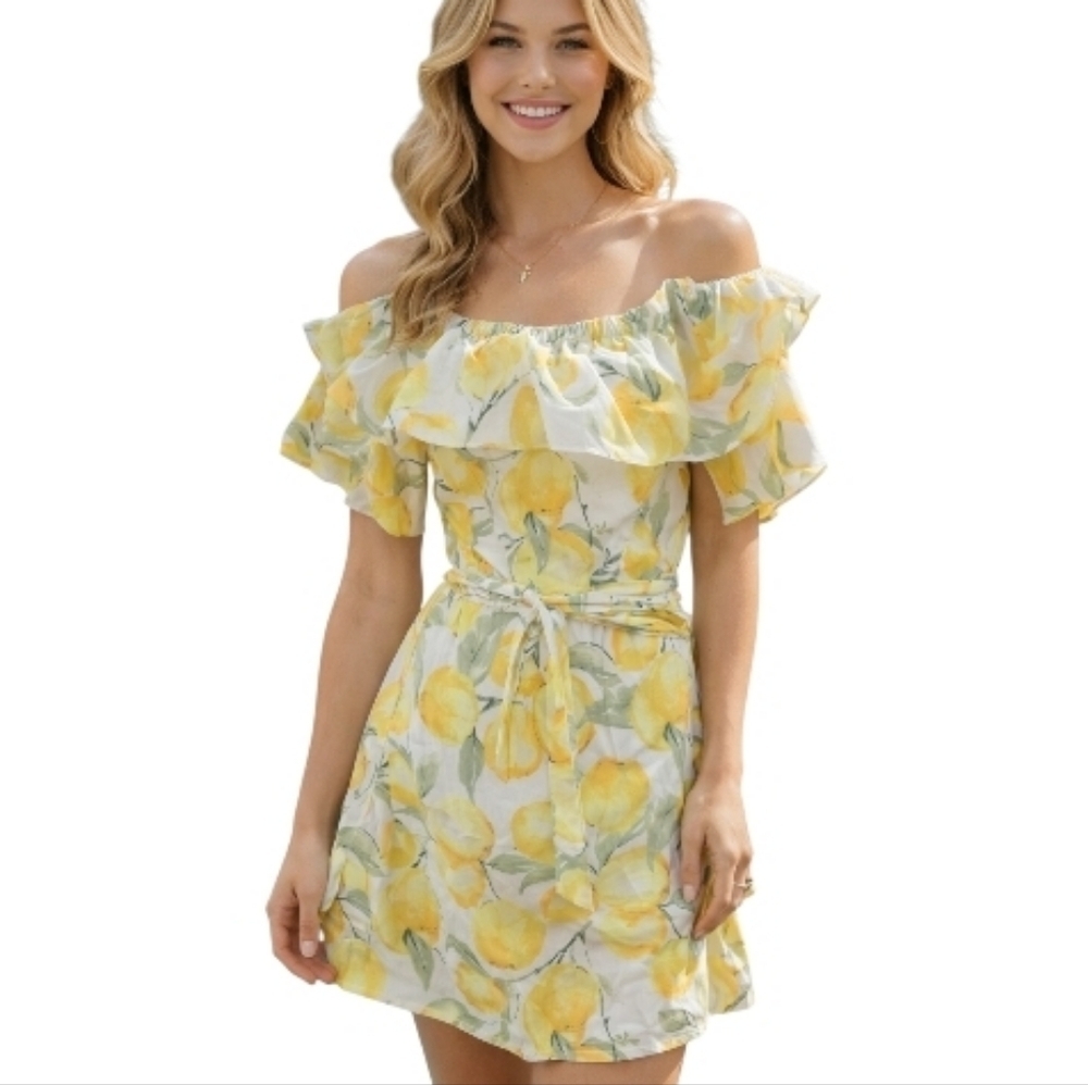 Betsey Johnson Lemon Print Off Shoulder Yellow White Summer Sundress NWOT dress